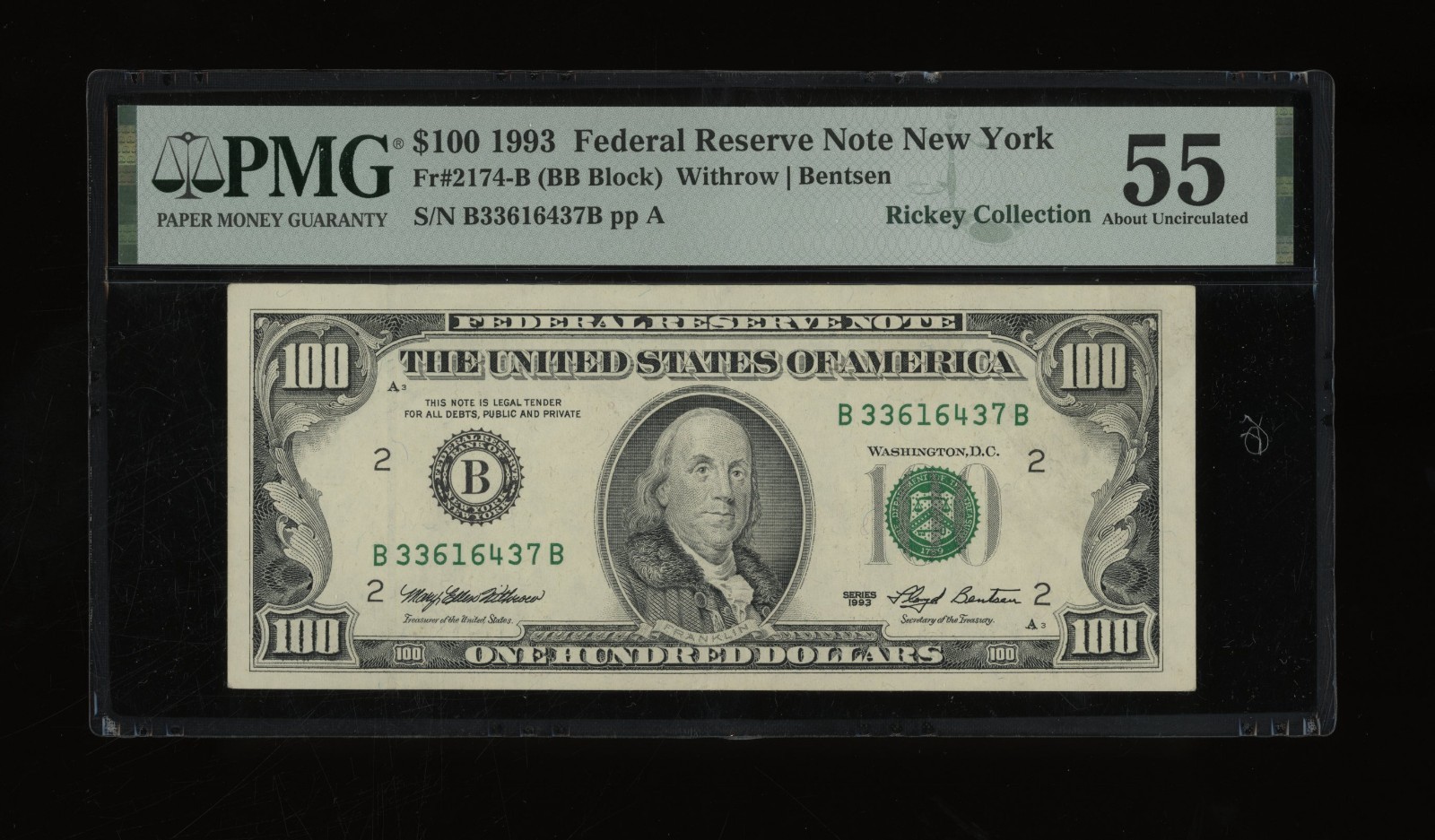 DBR 1993 $100 FRN New York Fr. 2174-B PMG 55 Serial B33616437B