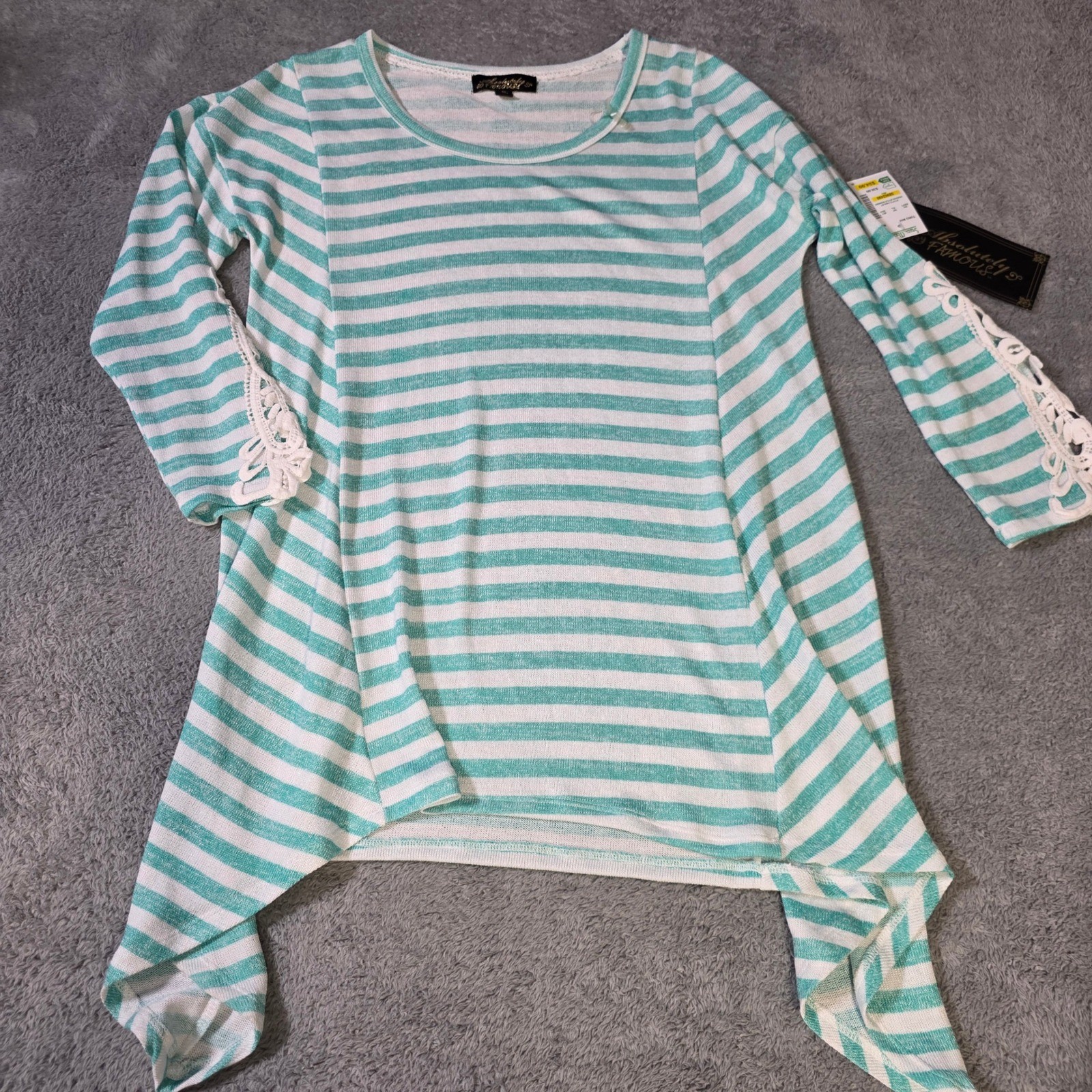 Absolutely Famous Womens Medium Tunic Turquoise White Striped Lace Sharkbite Hem