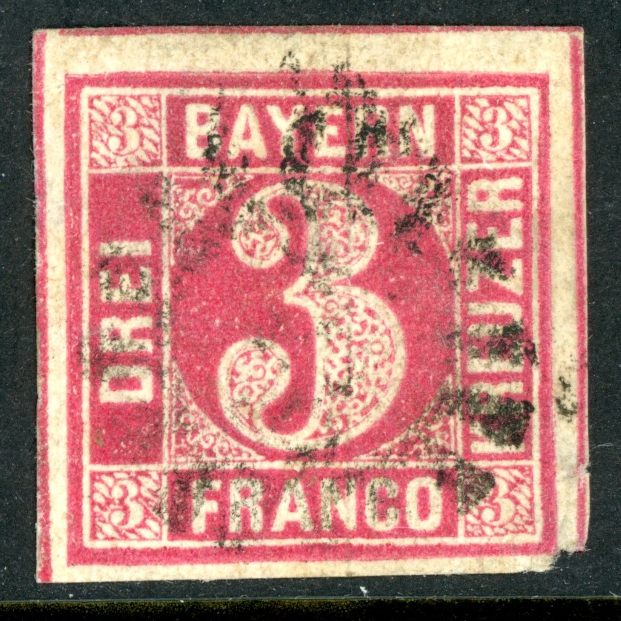 Germany States 1862 Bavaria 3 Kreuzer Carmine Scott #10 VFU K844 Germany States 1862 Bavaria 3 Kreuzer Carmine Scott #10 VFU K844