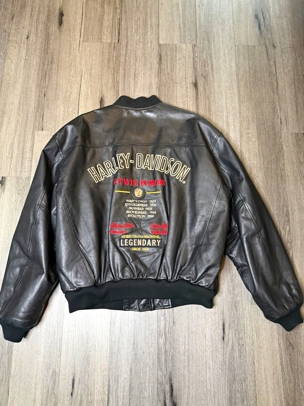 Vintage Harley-Davidson V-Twin Power Leather Bomber Jacket Black Large