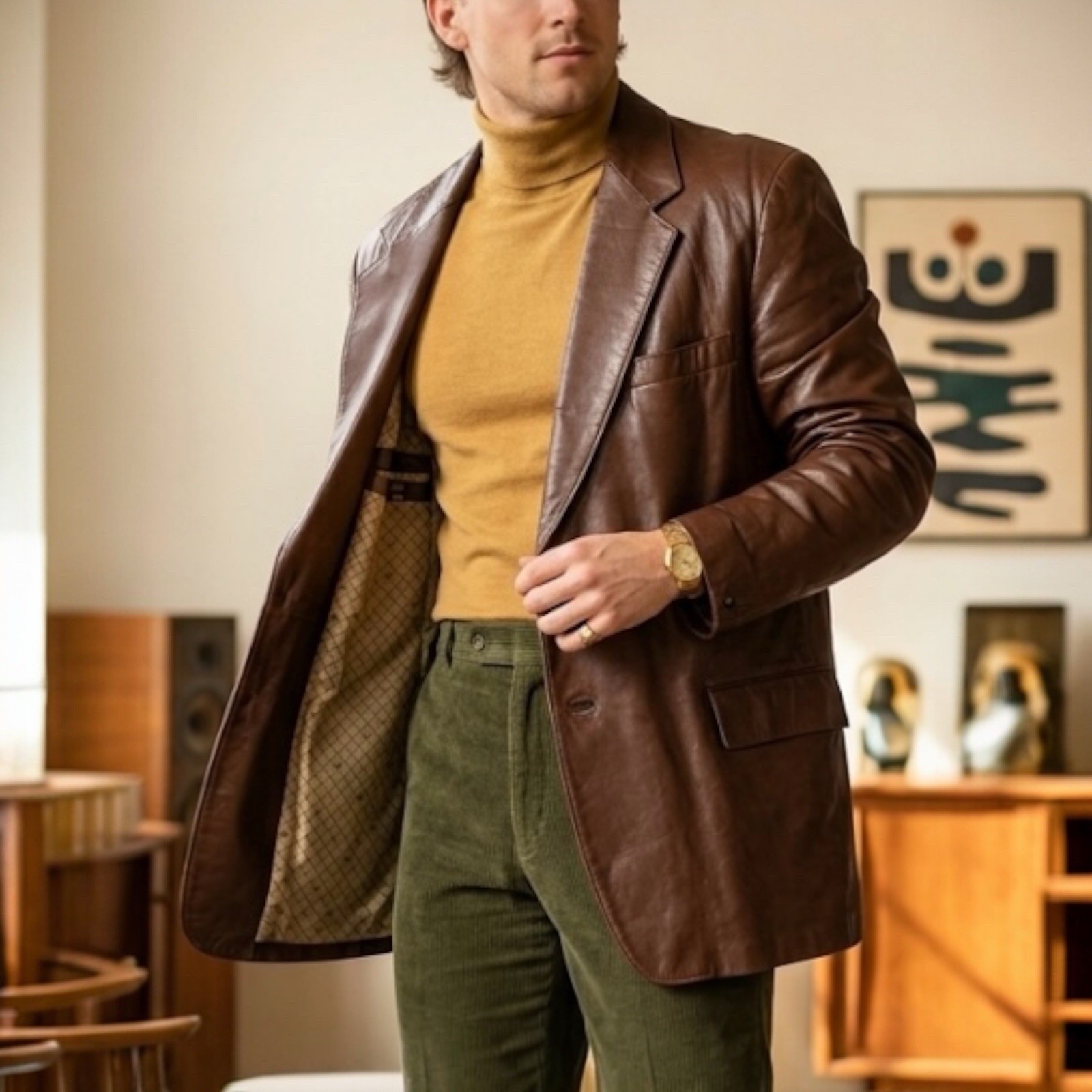 VTG 70s Leather Blazer Jacket Men’s 50 L Brown Wide Lapel Sopranos Disco Retro VTG 70s Leather Blazer Jacket Men’s 50 L Brown Wide Lapel Sopranos Disco Retro
