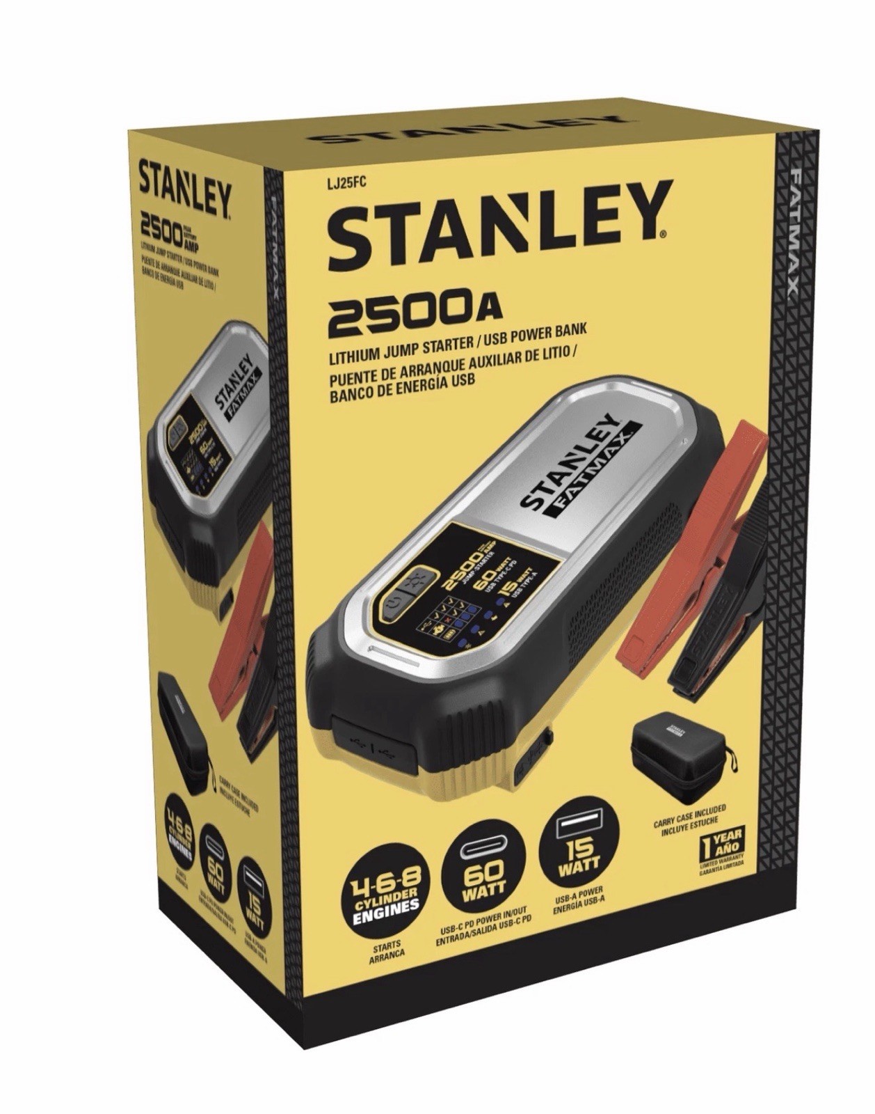 Stanley FatMax Automotive Jump Starter, 2500 Peak Amps, USB-C PD 60W, USB-A 15W, Stanley FatMax Automotive Jump Starter, 2500 Peak Amps, USB-C PD 60W, USB-A 15W,