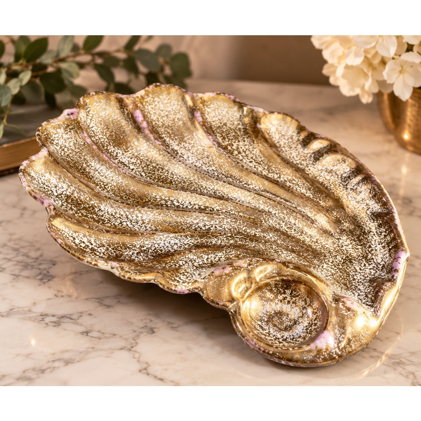 Vintage 1950s California Pottery Pink Gold Shell Dish MCM