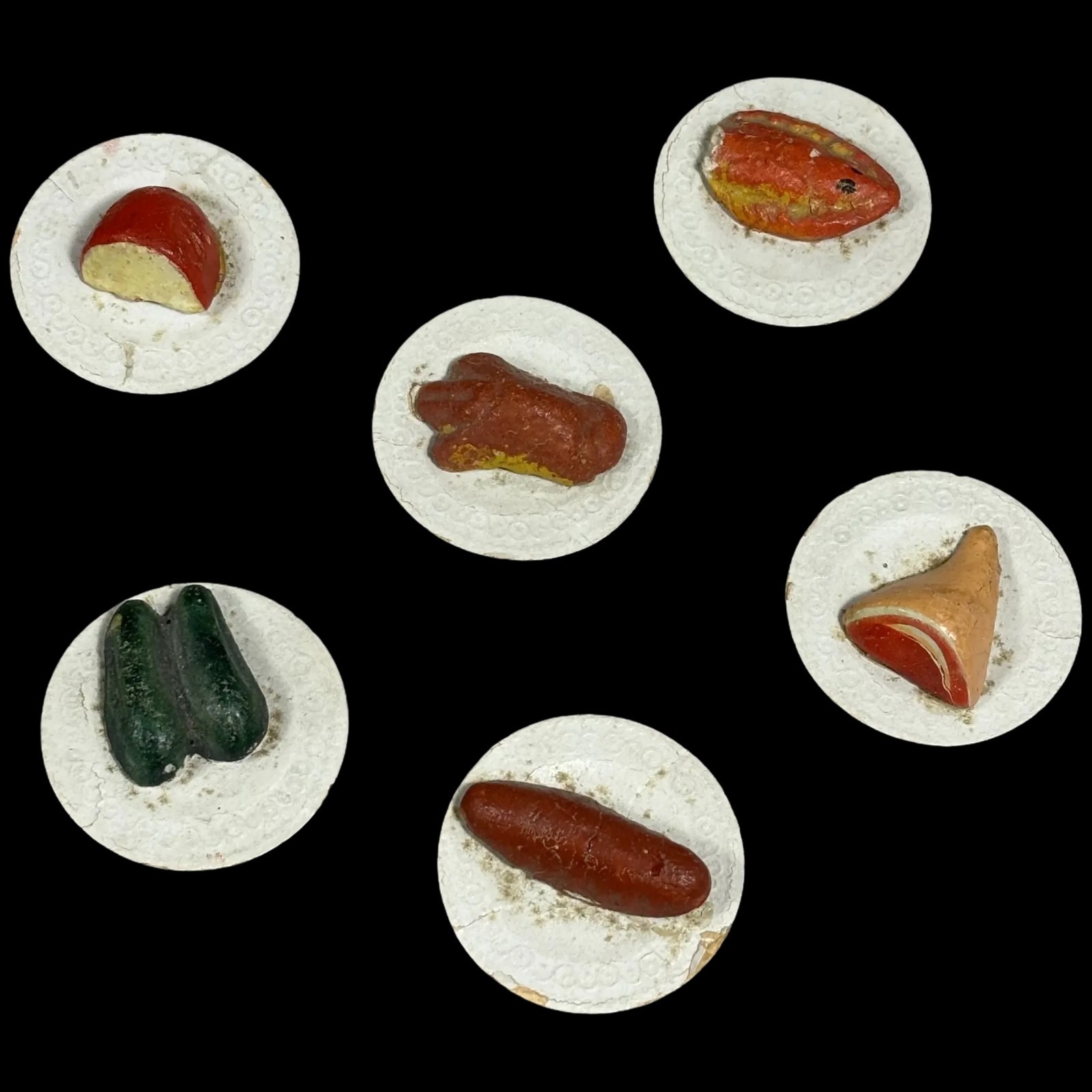 6 Antique Mini Doll Sized German Plaster Foods on Cardboard Plates 6 Antique Mini Doll Sized German Plaster Foods on Cardboard Plates