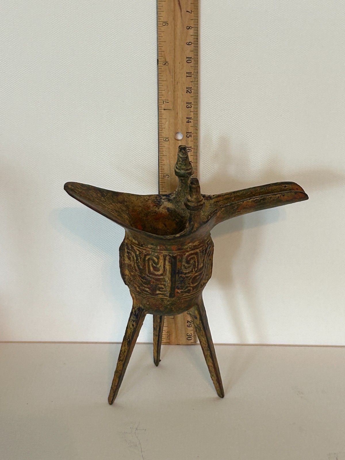 Vintage Chinese Bronze Jue Cup Ritual Wine Vessel - Archaistic Tripod Cup