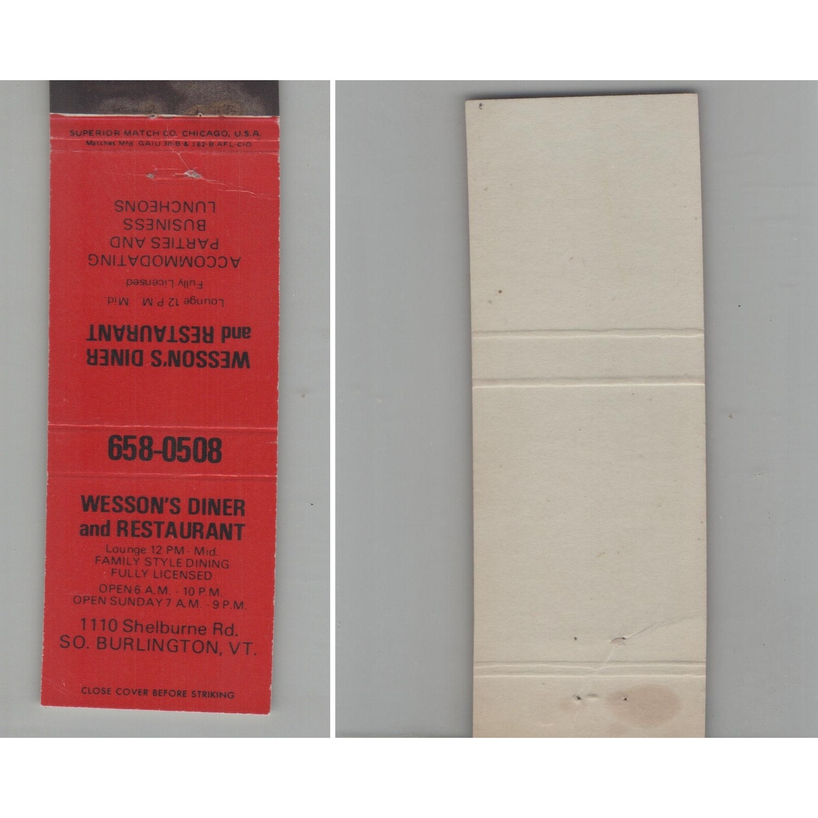 Matchbook Cover Wesson\'s Diner and Restaurant So. Burlington VT