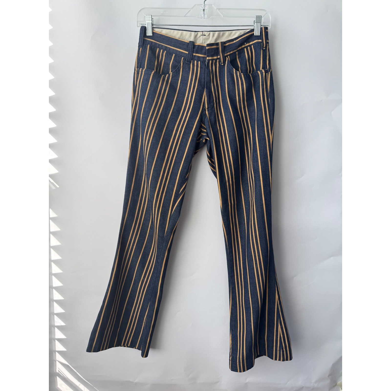 Vintage Lee Fastbacks Striped Denim Pants Navy Yellow 70s Flare Trousers Womens