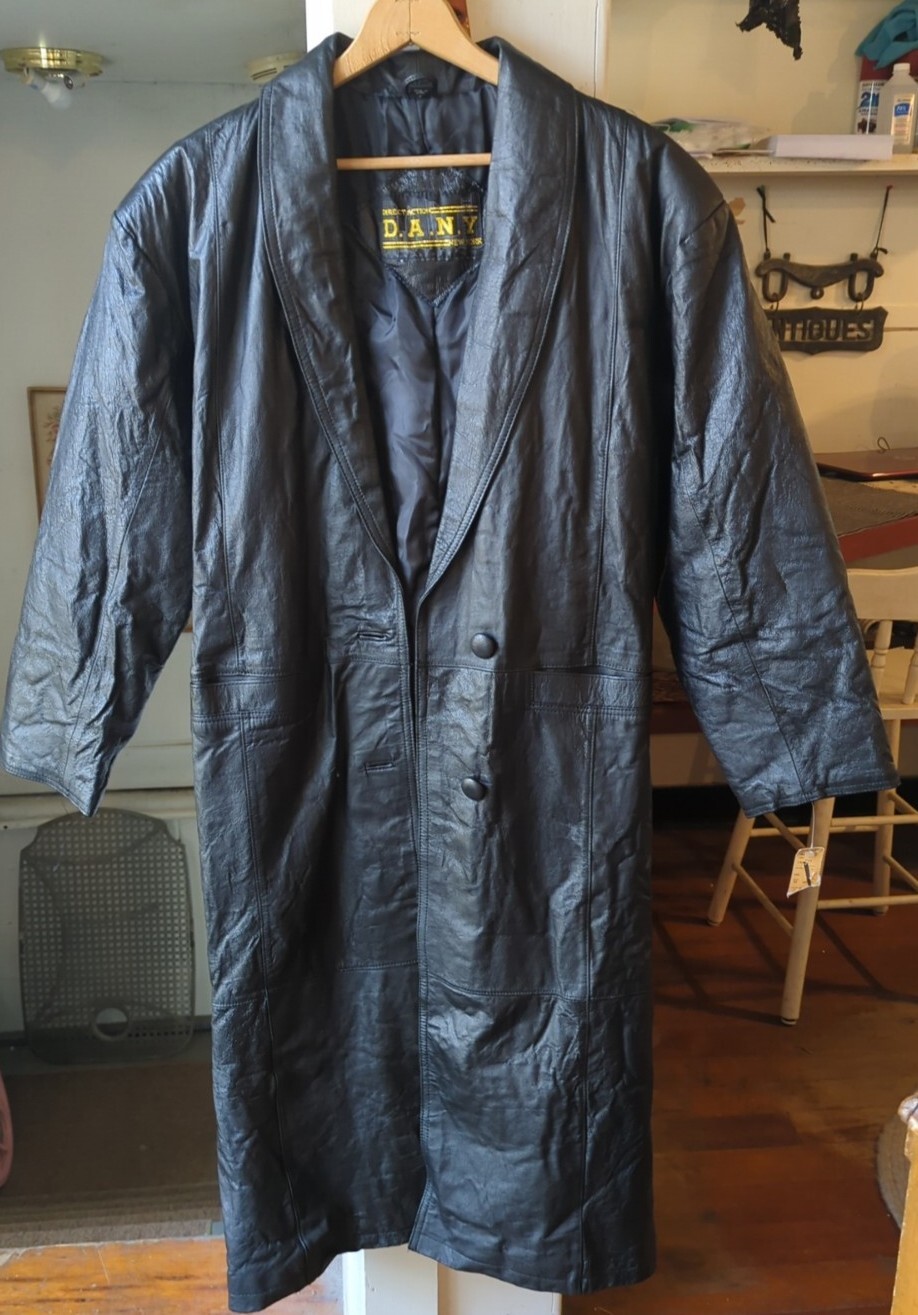 NWT 90s Vintage Womens S Black Leather Trench Duster Coat Direct Action New York