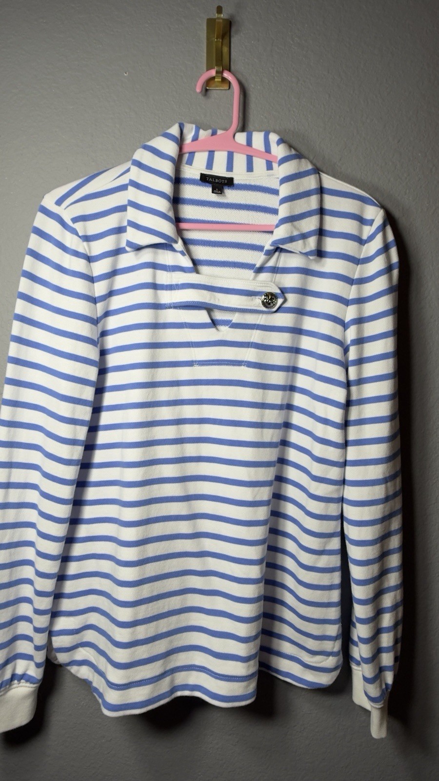 Talbots Womens Small Blue White Striped Collared Pullover Cotton Anchor Button Talbots Womens Small Blue White Striped Collared Pullover Cotton Anchor Button