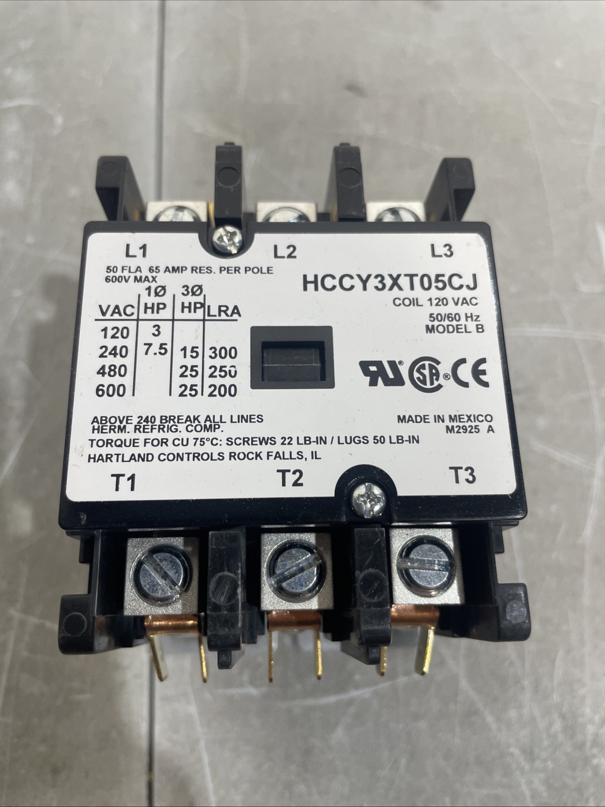Hartland Controls HCCY3XT05CJ Definite Purpose Contactor 120V 3/7.5/15/25HP -NIB Hartland Controls HCCY3XT05CJ Definite Purpose Contactor 120V 3/7.5/15/25HP -NIB