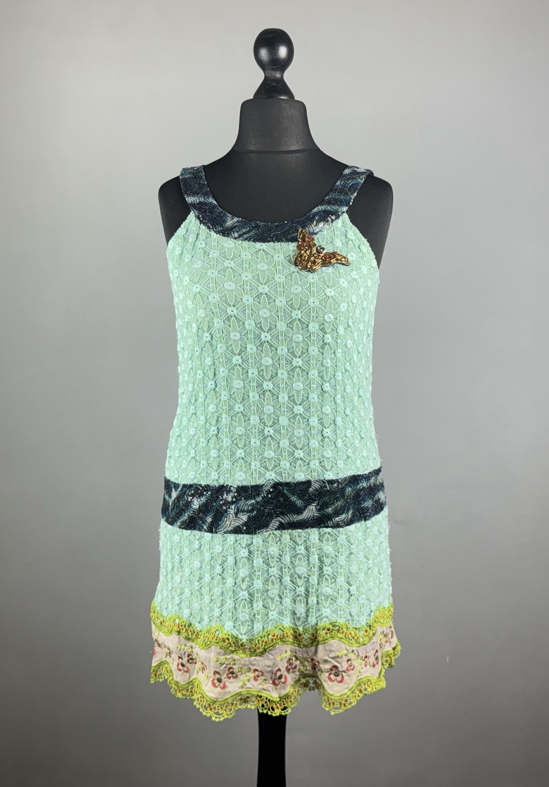 CUSTO BARCELONA Mint Green Embroidered Lace Sleeveless Boho Dress Size 38 