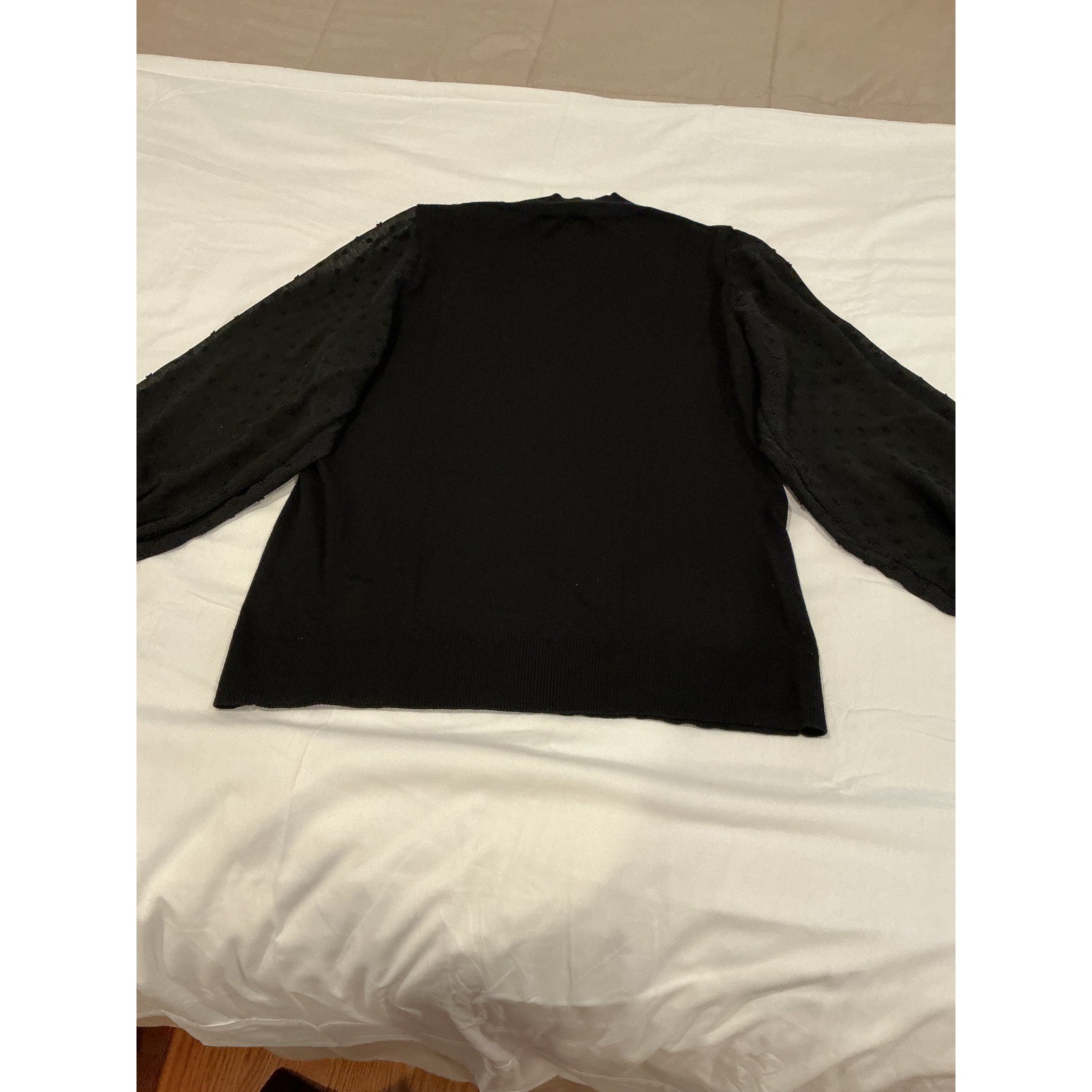 Vince Camuto Black Swiss Dot Sheer Balloon Sleeve Mock Neck Knit Sweater