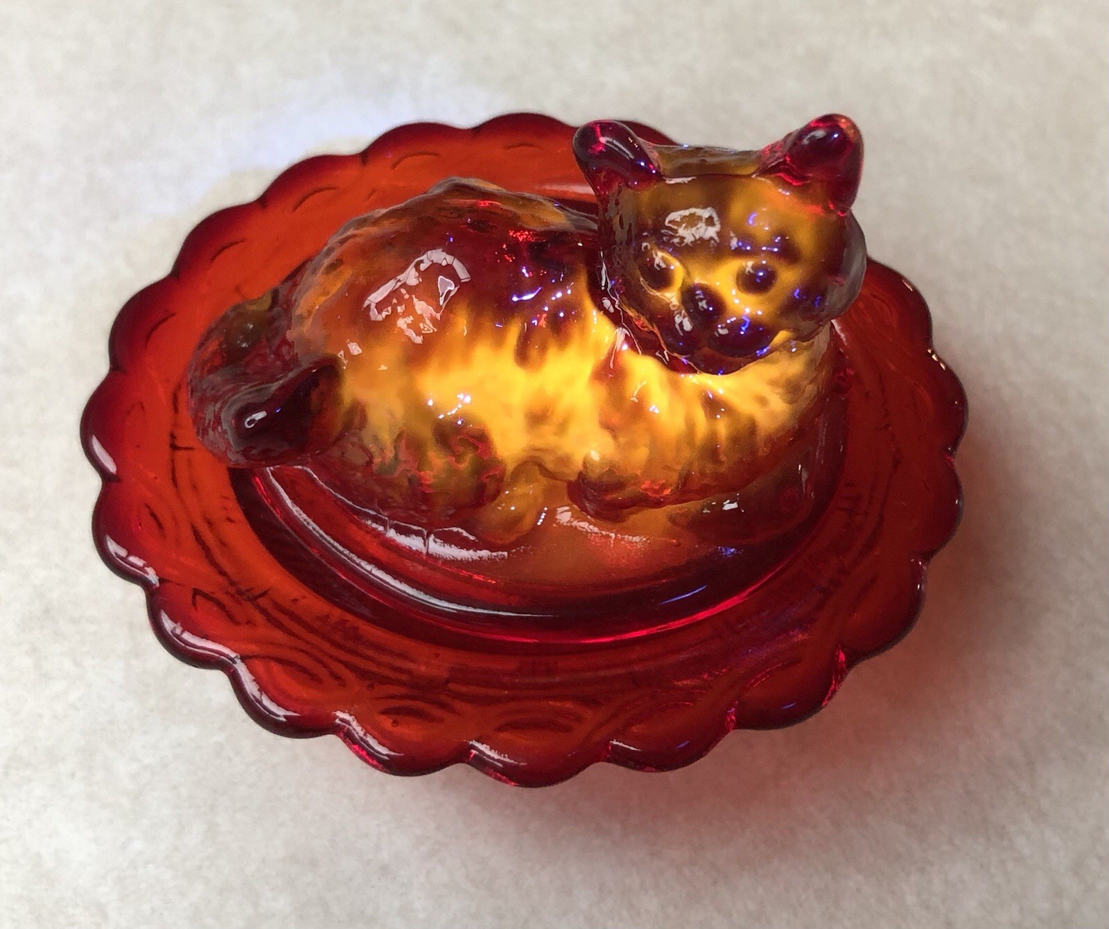 Mosser Glass Red Cat on Nest Miniature Covered Dish Salt Cellar GLOWS Mosser Glass Red Cat on Nest Miniature Covered Dish Salt Cellar GLOWS