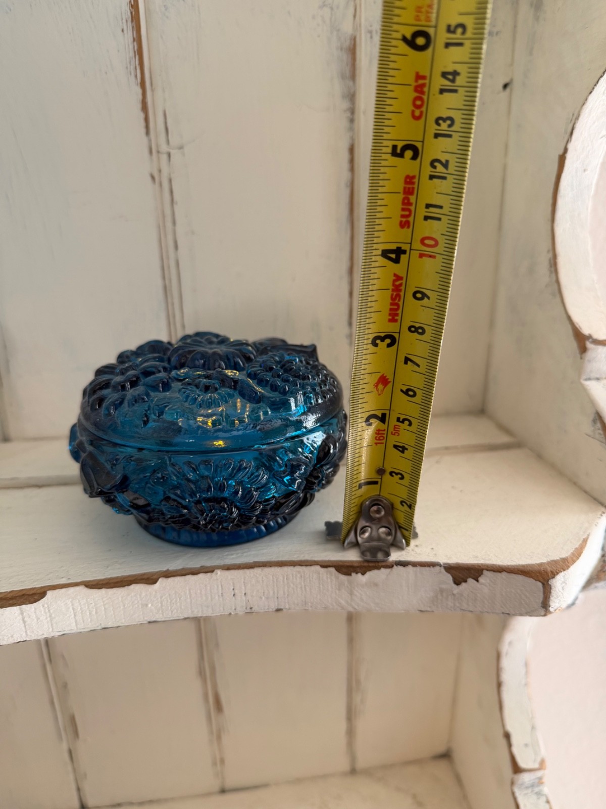Vintage Fenton Blue Glass Floral Covered Trinket Box Lidded Dish Original Label