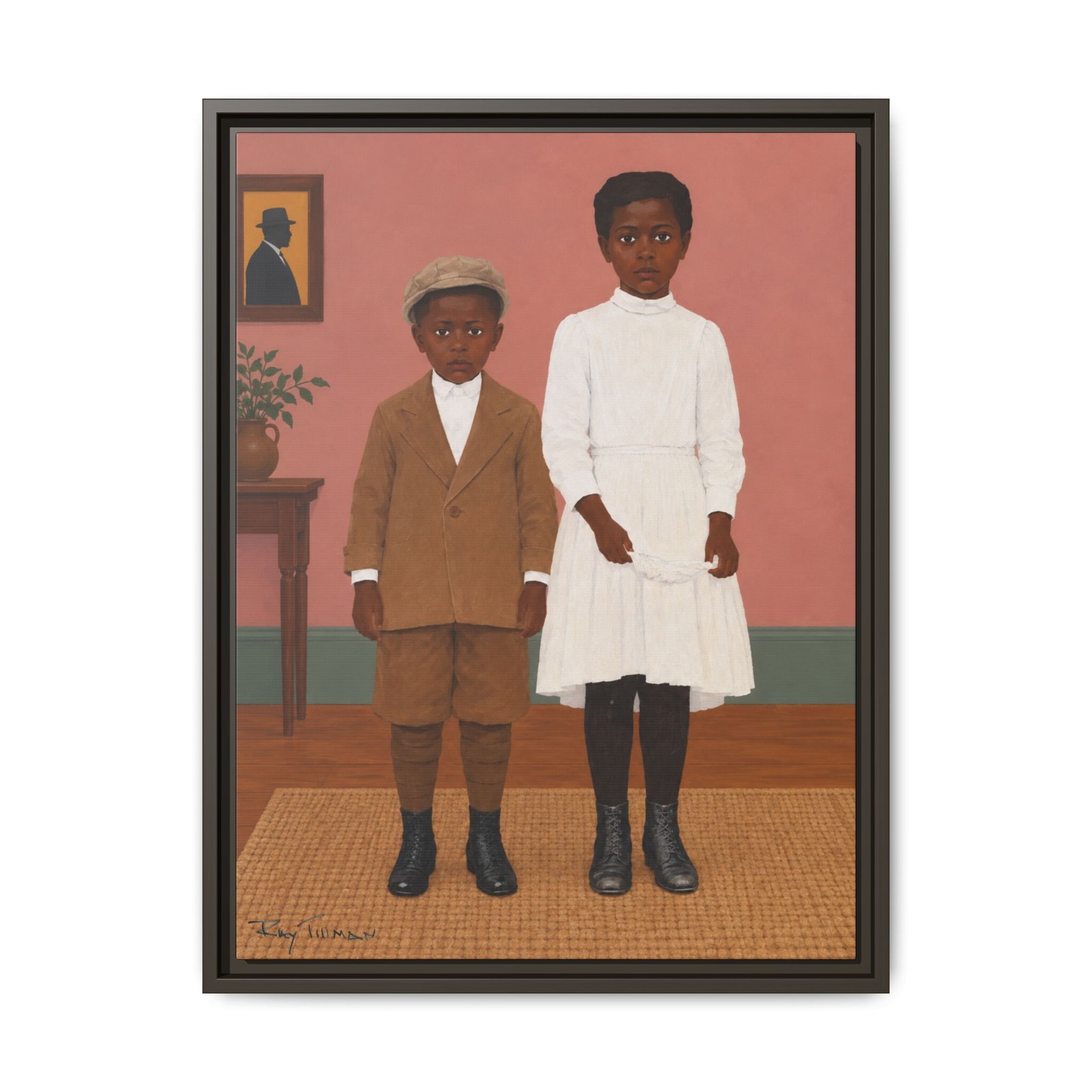 Vintage Siblings African American Portrait Outsider Folk Art Framed Painting