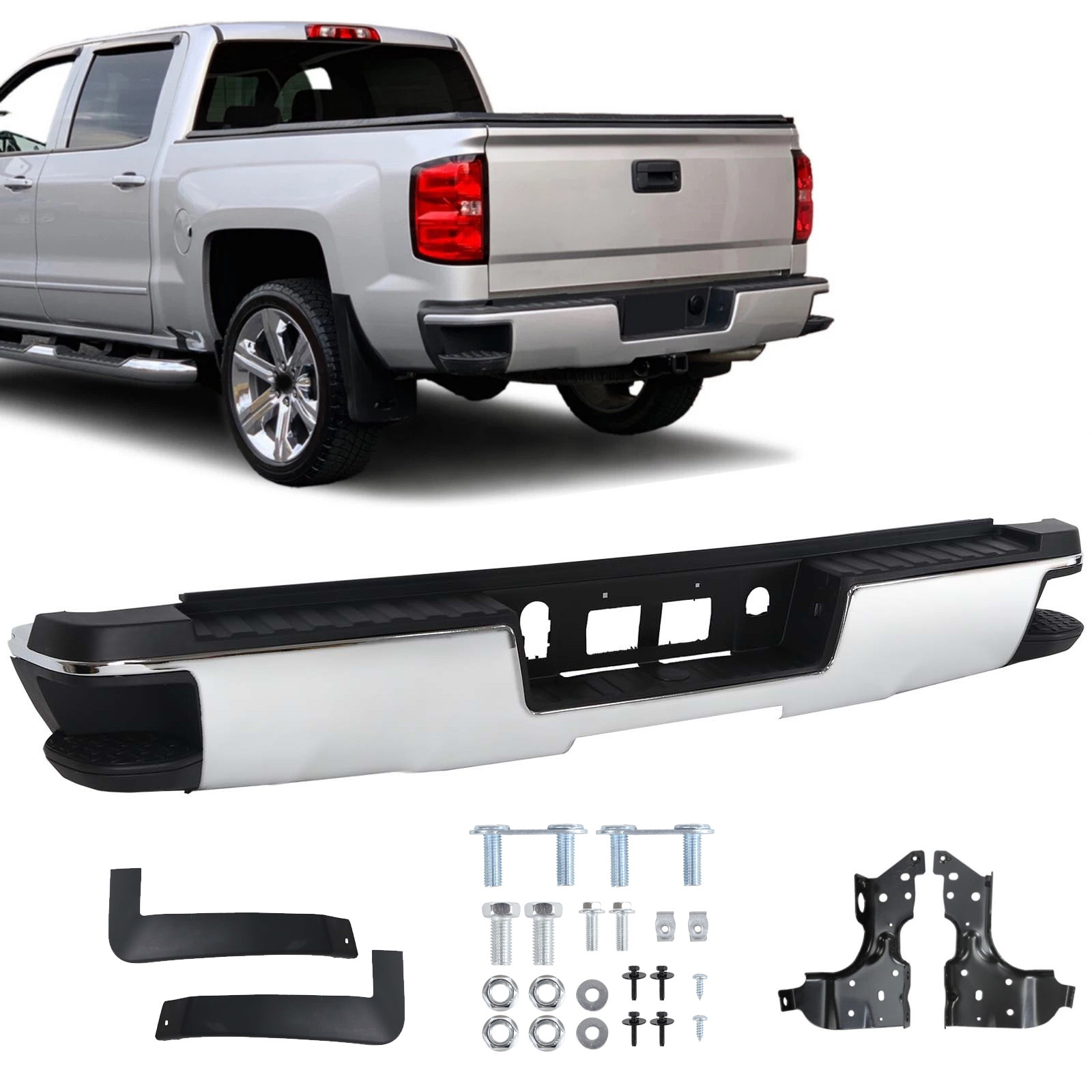 Chrome Rear Step Bumper Assembly For 2014-2018 Chevy Silverado GMC Sierra 1500