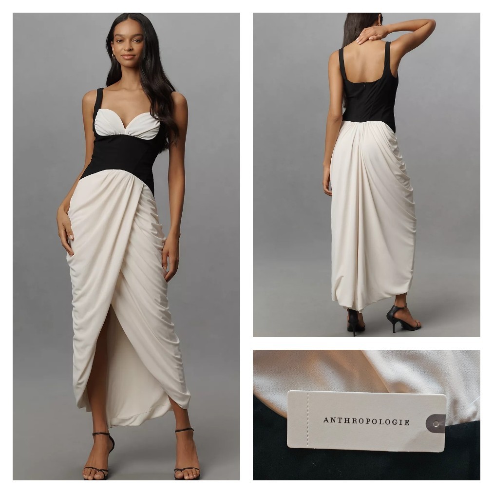 MAEVE by ANTHROPOLOGIE Ruched Corset Midi Dress Black & White Medium NWT $198 MAEVE by ANTHROPOLOGIE Ruched Corset Midi Dress Black & White Medium NWT $198
