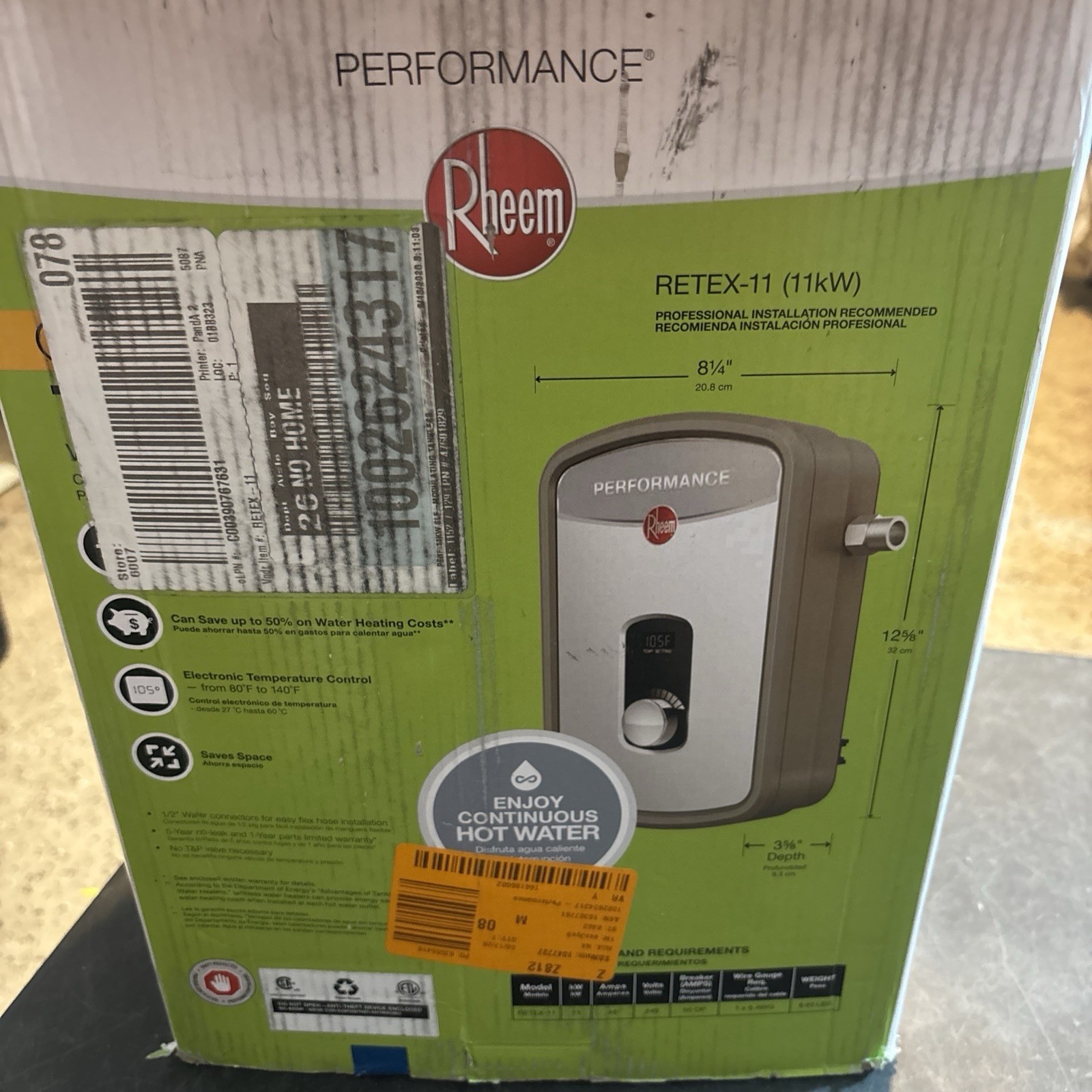 Rheem RETEX-11 Performance 11 kW 2.15 GPM 240V Electric Tankless Water Heater Rheem RETEX-11 Performance 11 kW 2.15 GPM 240V Electric Tankless Water Heater