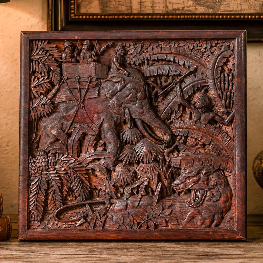 Large Antique Colonial India Carved Wood Plaque Anglo-Indian Elephant Tiger Large Antique Colonial India Carved Wood Plaque Anglo-Indian Elephant Tiger