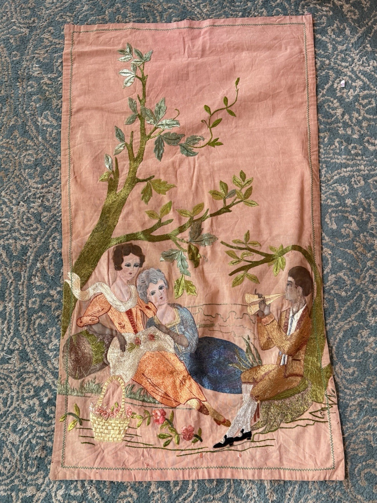 Antique 1920s French Art Deco Boudoir Wall Hanging Painted Embroidered Figures