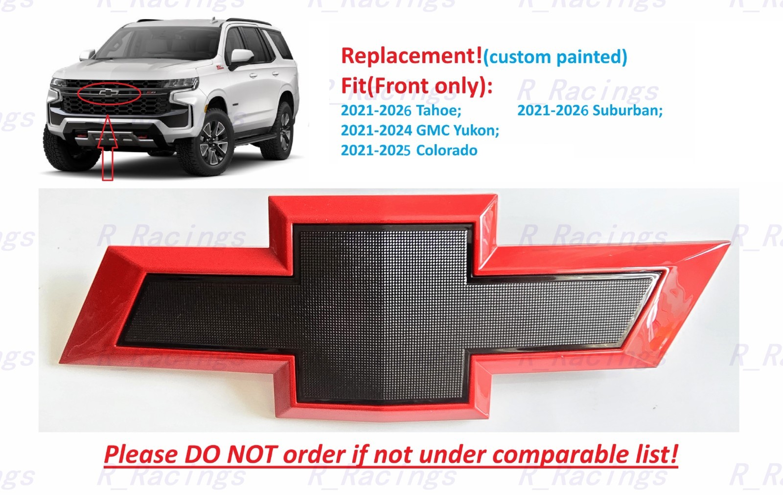 1PC Custom Front Red Black Bowtie Emblem 2021-2026 Suburban Tahoe Colorado Yukon
