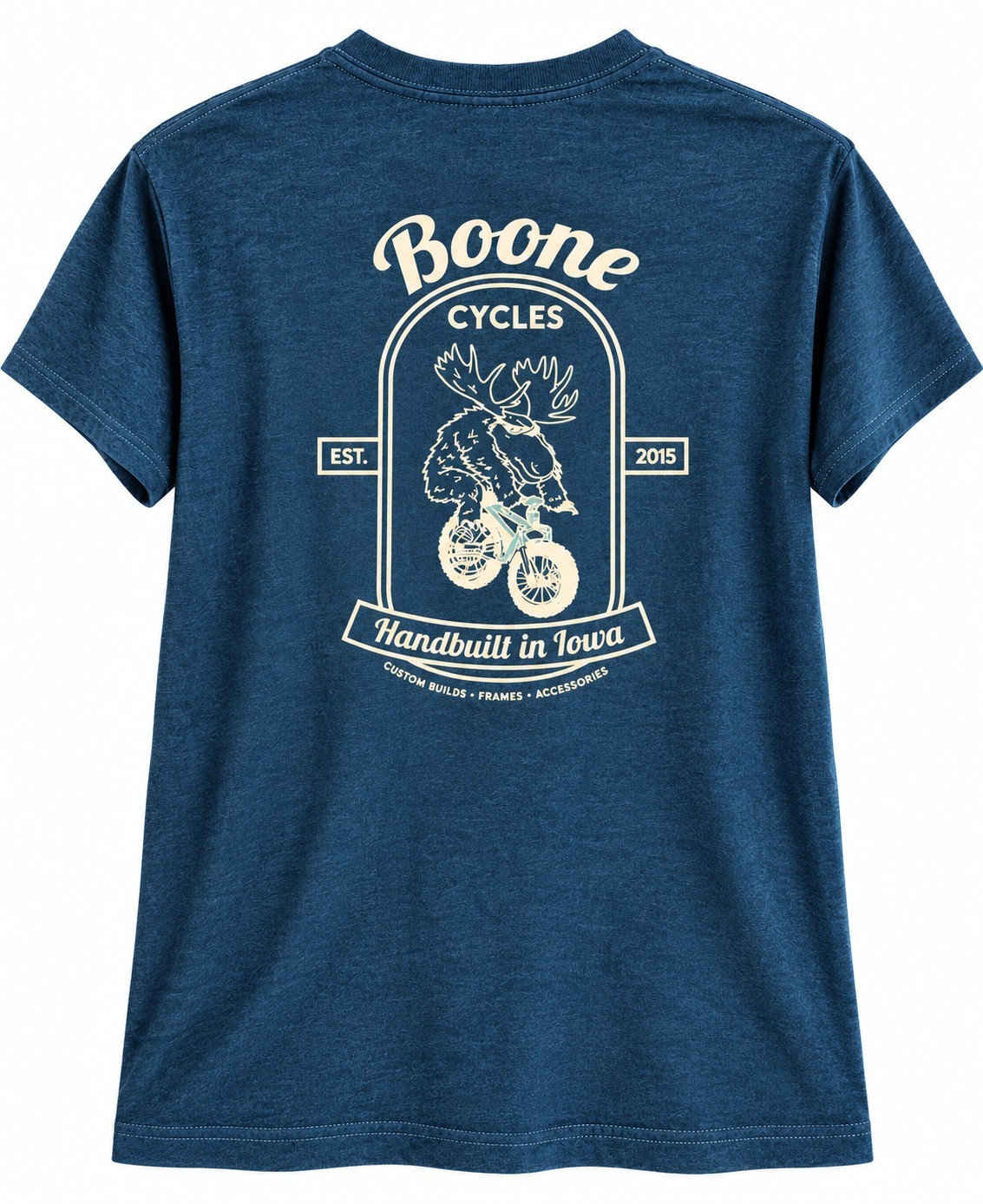 Boone Cycles Iowa T Shirt Mens L Blue Moose Mountain Bike Cycling Graphic T