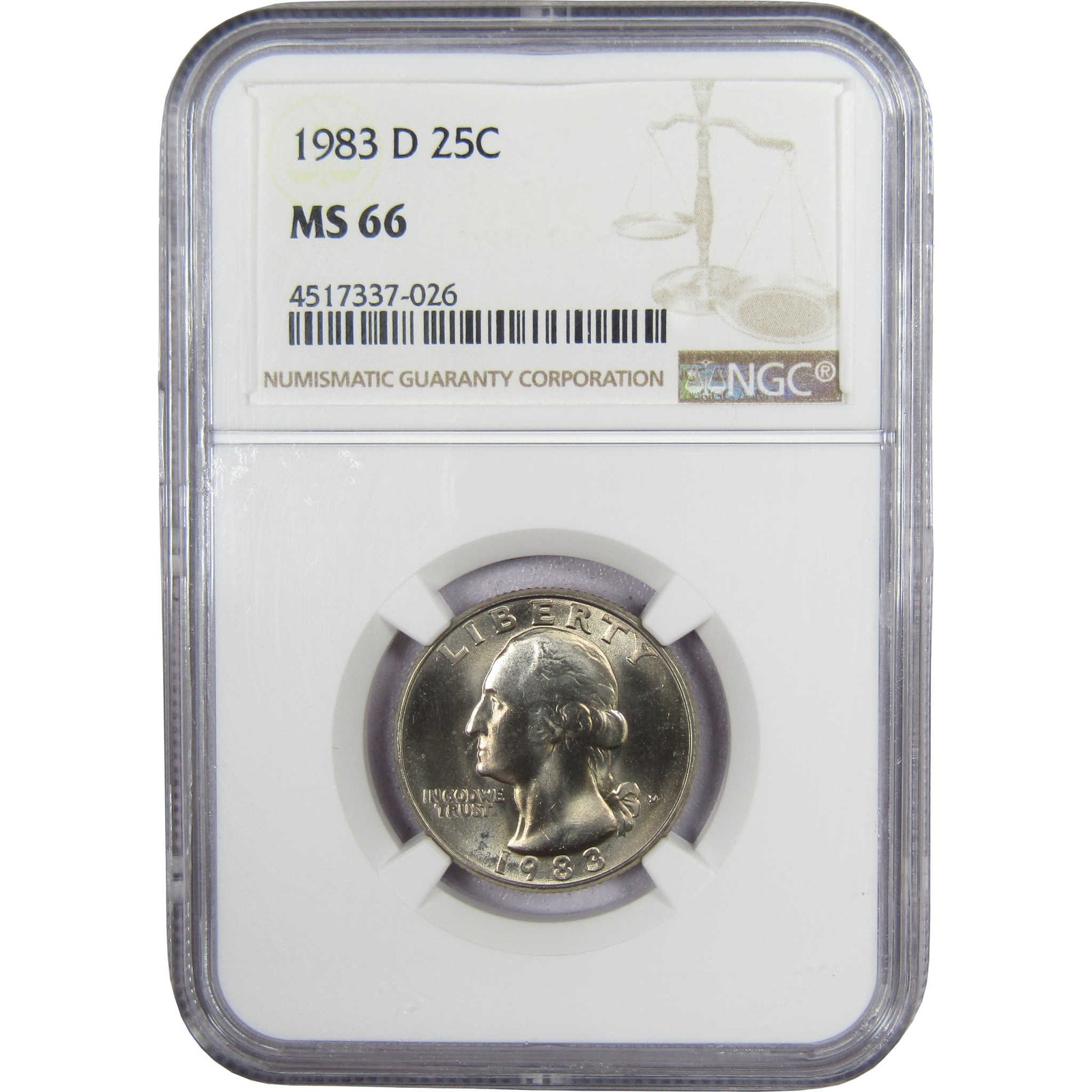 1983 D Washington Quarter Clad MS 66 NGC Uncirculated 25c Coin 1983 D Washington Quarter Clad MS 66 NGC Uncirculated 25c Coin