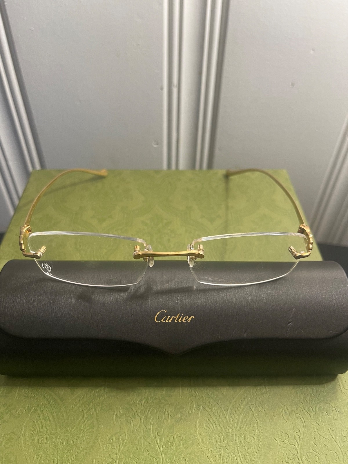 Authentic Cartier CT0061O-002 Panthere Rimless Gold Eyeglasses 53-18 Made France Authentic Cartier CT0061O-002 Panthere Rimless Gold Eyeglasses 53-18 Made France