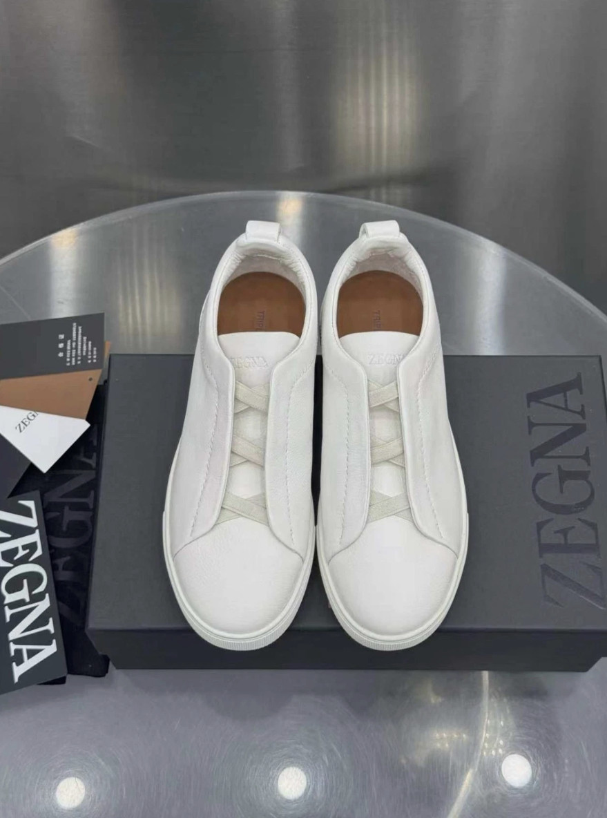 Men's Zegna Triple Stitch White Leather Slip On Casual Sneakers