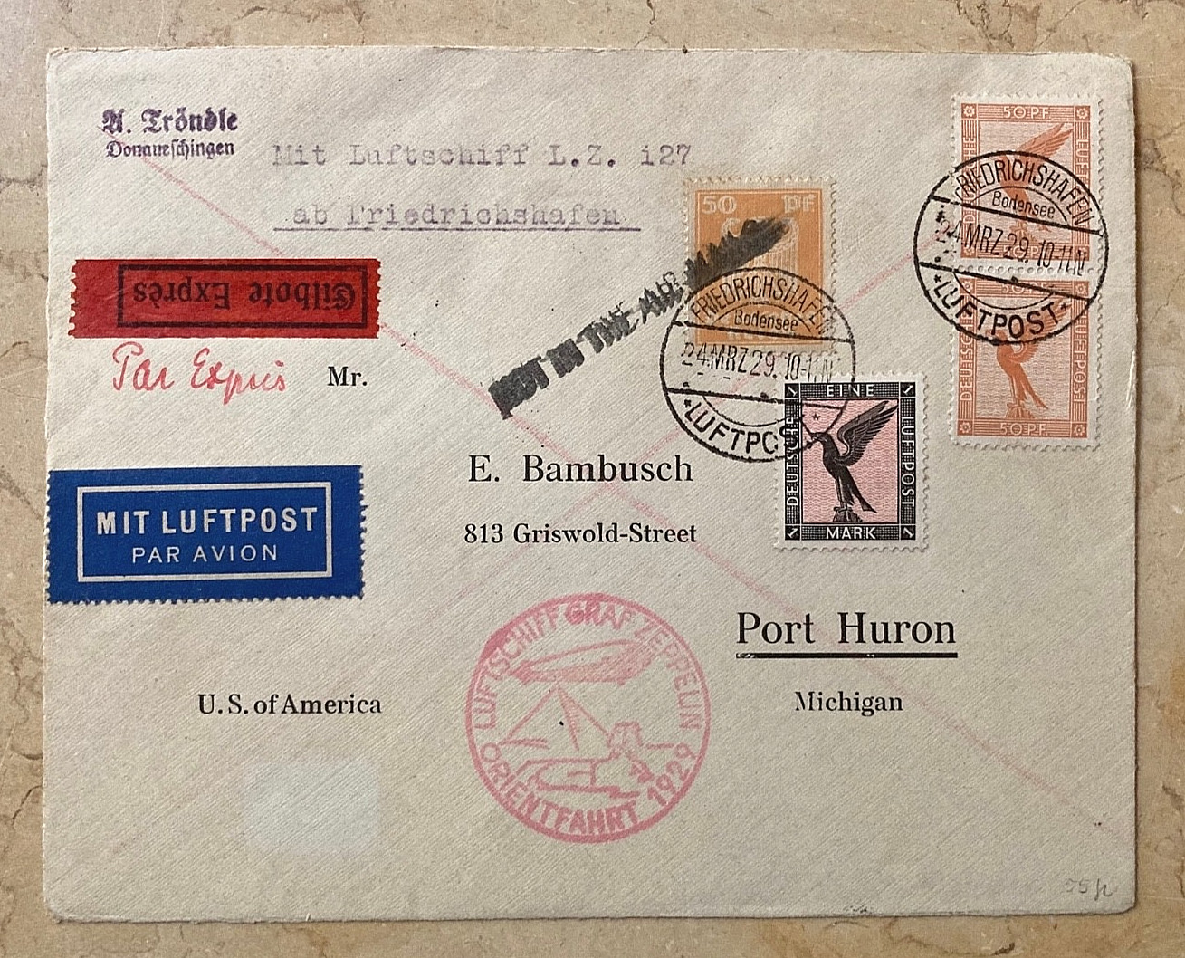 1929 Germany Graf Zeppelin LZ 127 Orient Flight Cover Er Ramle Drop Palestine US