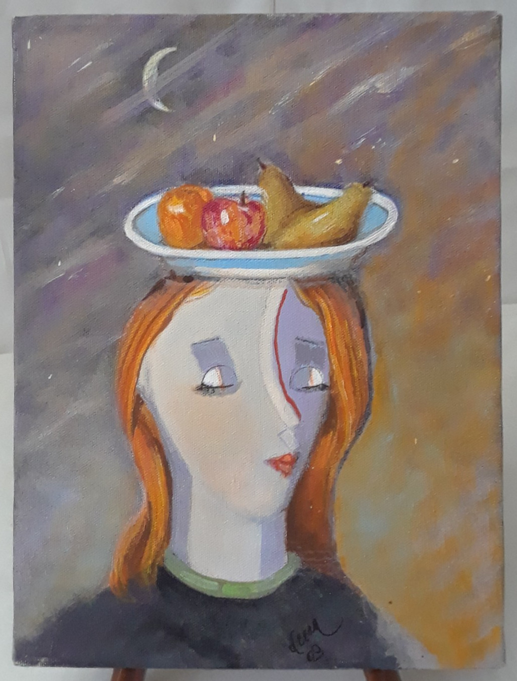 PLATE OF PEARS Original Acrylic Picasso Style Cubism Women/ Fruit 9\