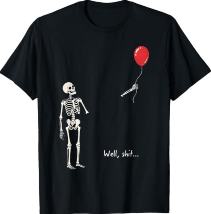 Funny Skeleton Red Balloon Graphic Tee Halloween Skeleton Art Casual T Shirt`
