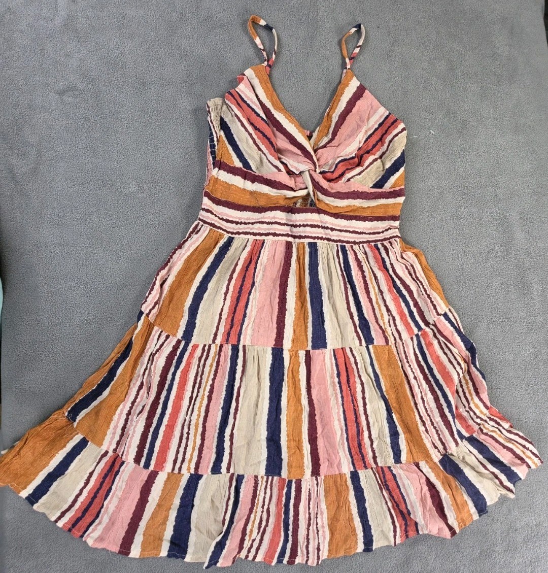 NWT Angie Sundress M Multicolor Striped Smocked Tie Front Rayon Boho Sun Dress 