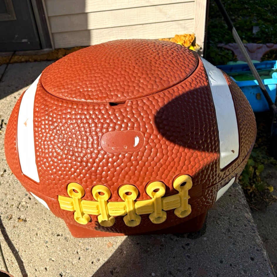 Vintage 1975 Football Shaped Plastic Toy Box with Lid, Brown White Yellow, Kids