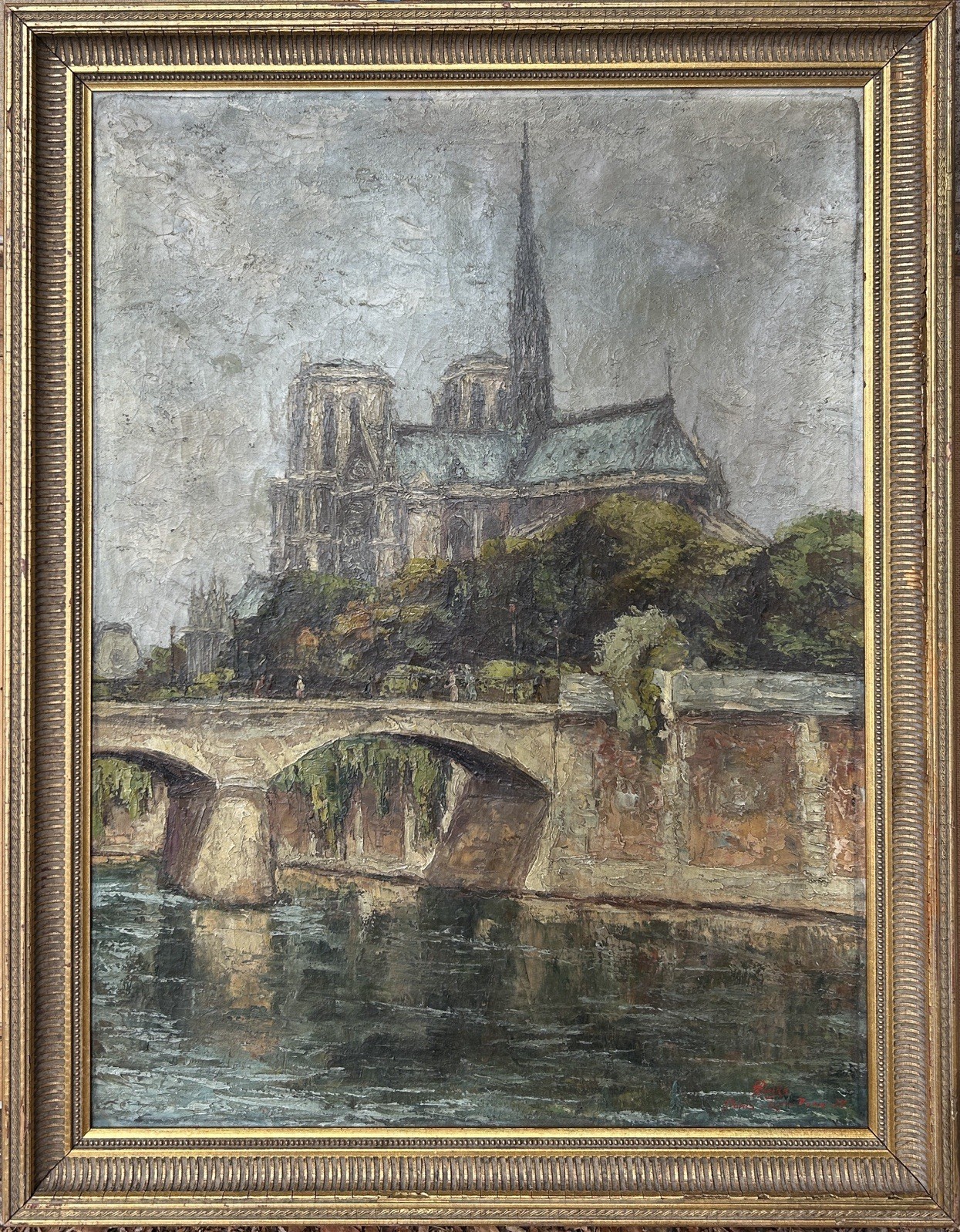 Large Impressionist Antique Original Cityscape Notre Dame Cathedral Paris Framed