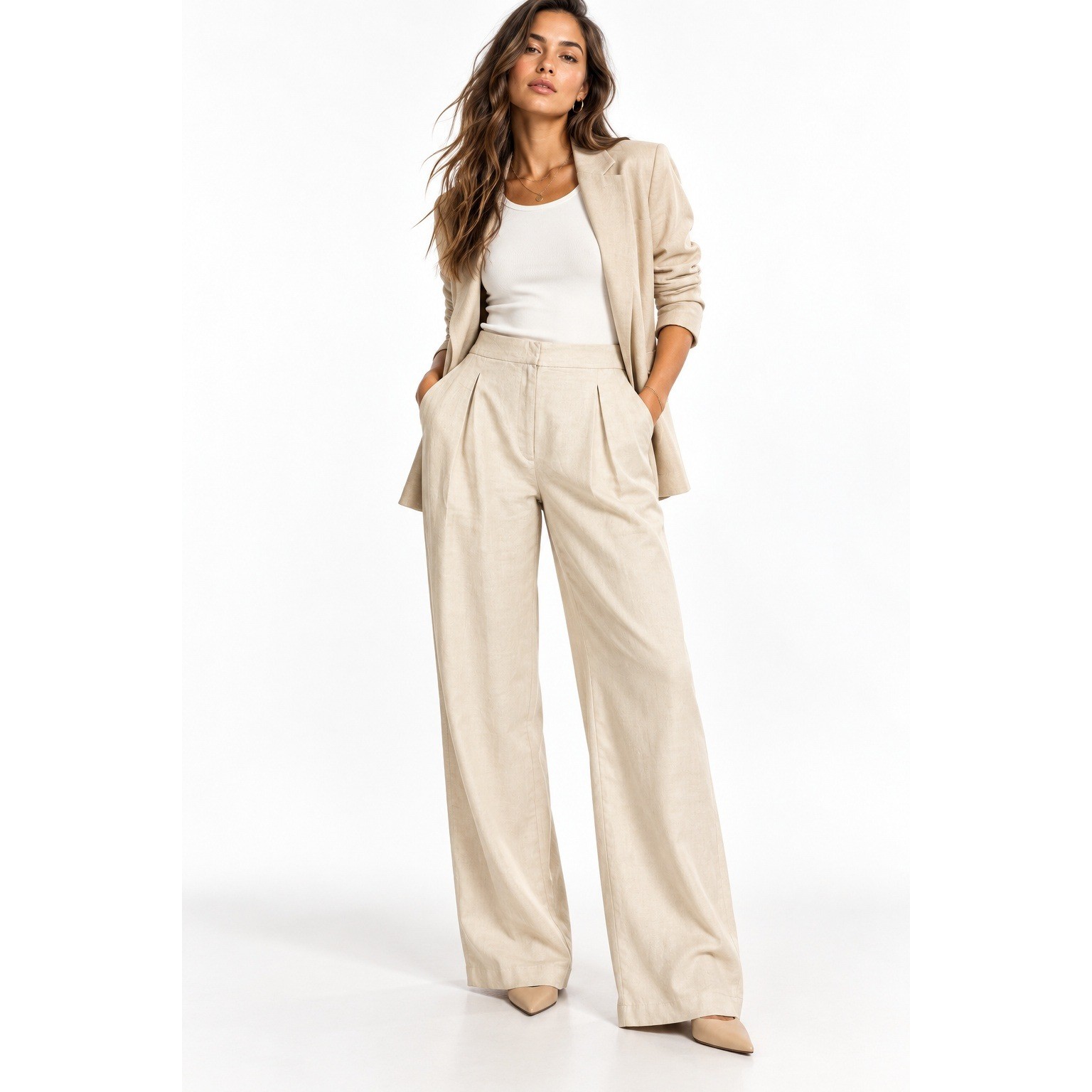 H&M Linen Blend High Waisted Pleated Wide Leg Trousers Cream Beige Size 10 NEW