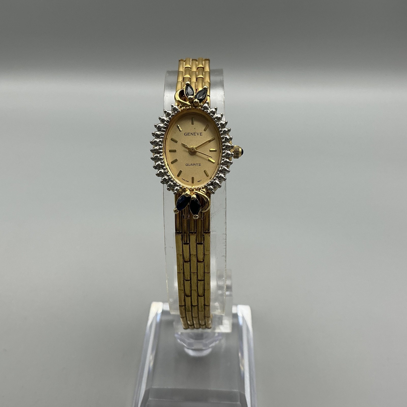 Geneve Diamond Womens Watch 18mm Oval Dial Blue Gem Bezel New Battery 7.5
