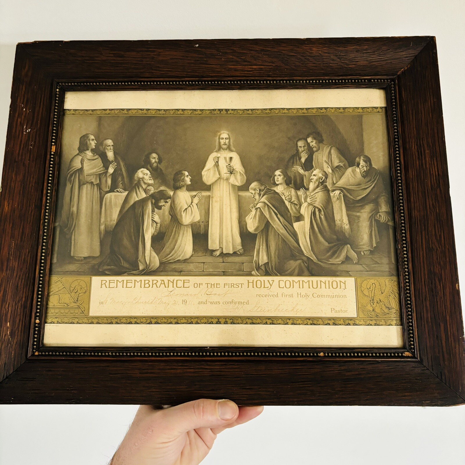 Antique 1900s 1911 First Holy Communion Certificate Quarter Sawn Wood Frame Antique 1900s 1911 First Holy Communion Certificate Quarter Sawn Wood Frame