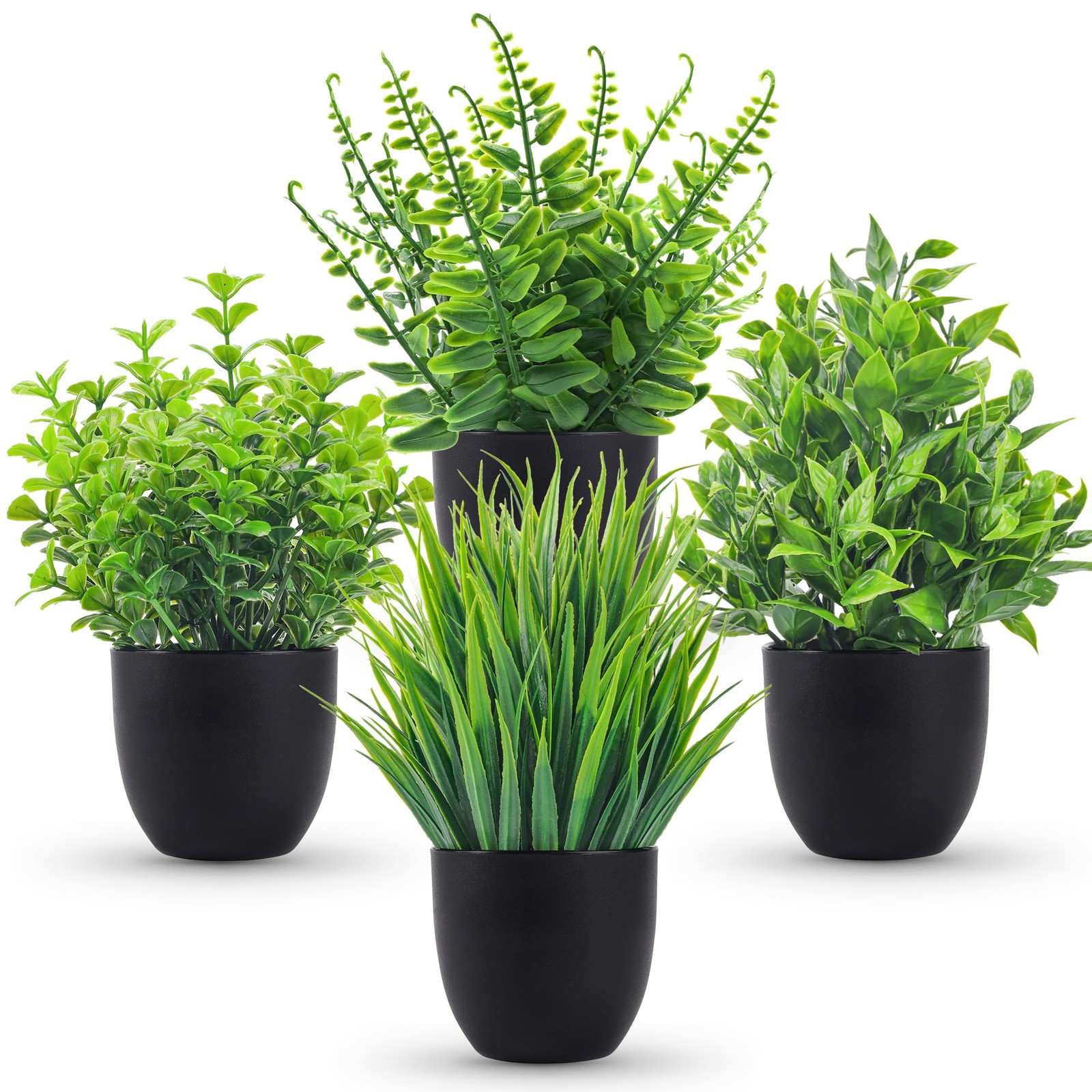 Der Rose 4 Pack Small Fake Plants in Black Pots, Bathroom 4-Circle Pot, Green Der Rose 4 Pack Small Fake Plants in Black Pots, Bathroom 4-Circle Pot, Green