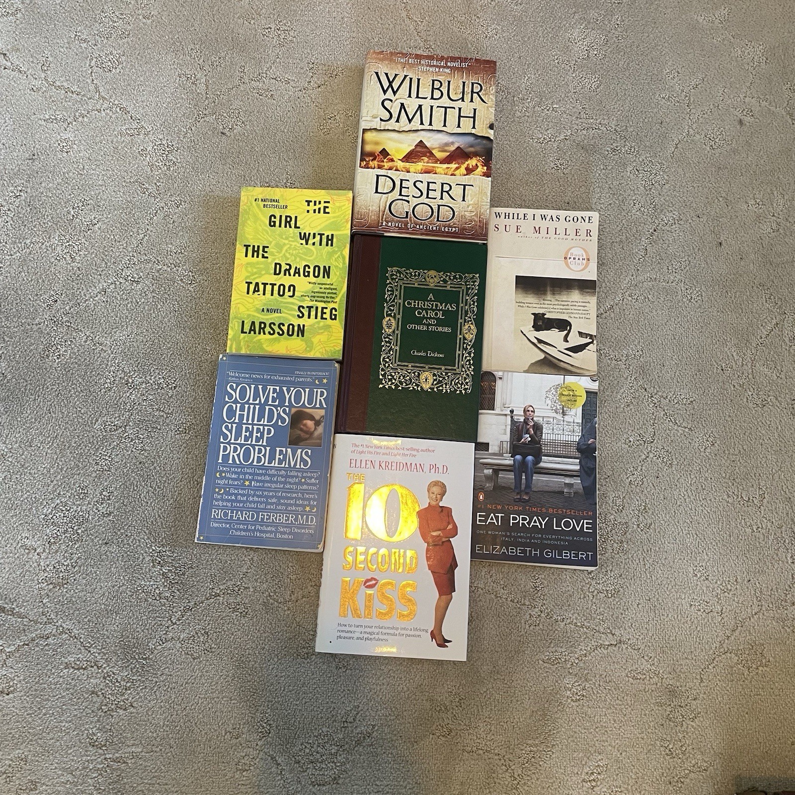 7 Book Lot Fiction & Nonfiction Larsson Dickens Smith Gilbert + Self Help Mix