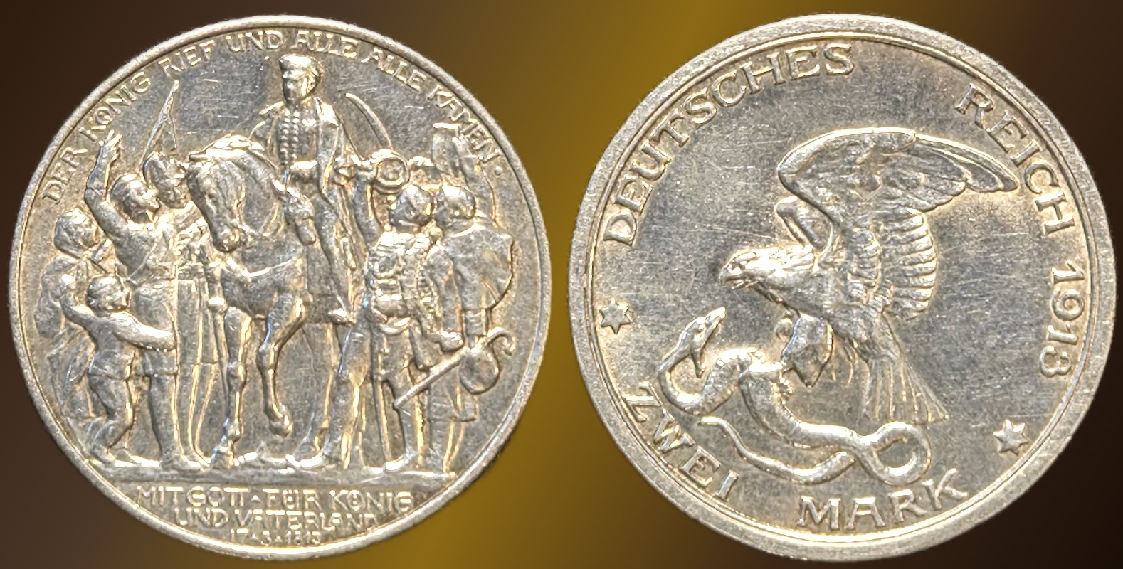 1913-A Germany Prussia 2 Mark Silver Anniversary Defeat of Napoleon Leipzig AU