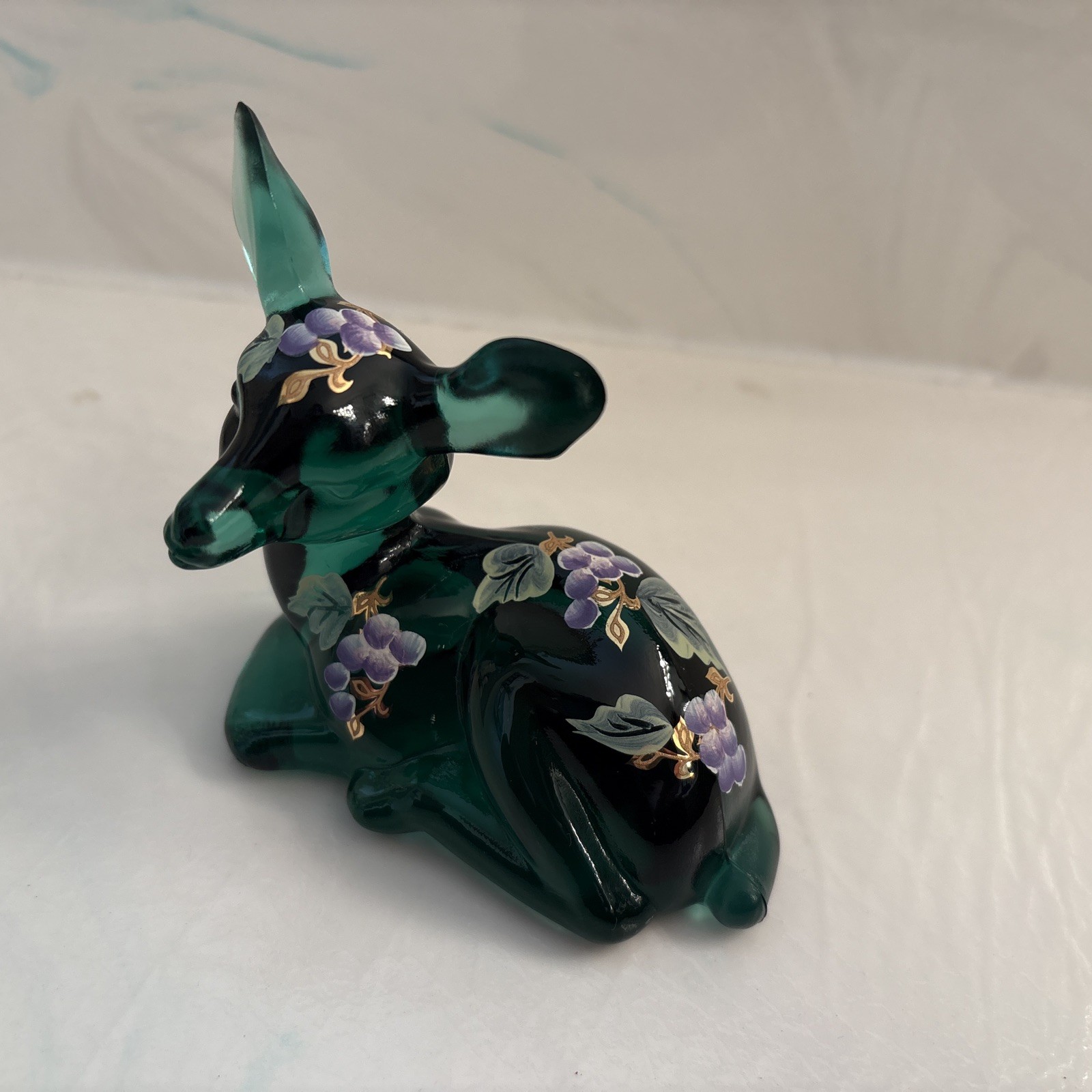Vintage Fenton Hand-painted Spruce Green Glass Deer Figurine Floral Signed Vintage Fenton Hand-painted Spruce Green Glass Deer Figurine Floral Signed