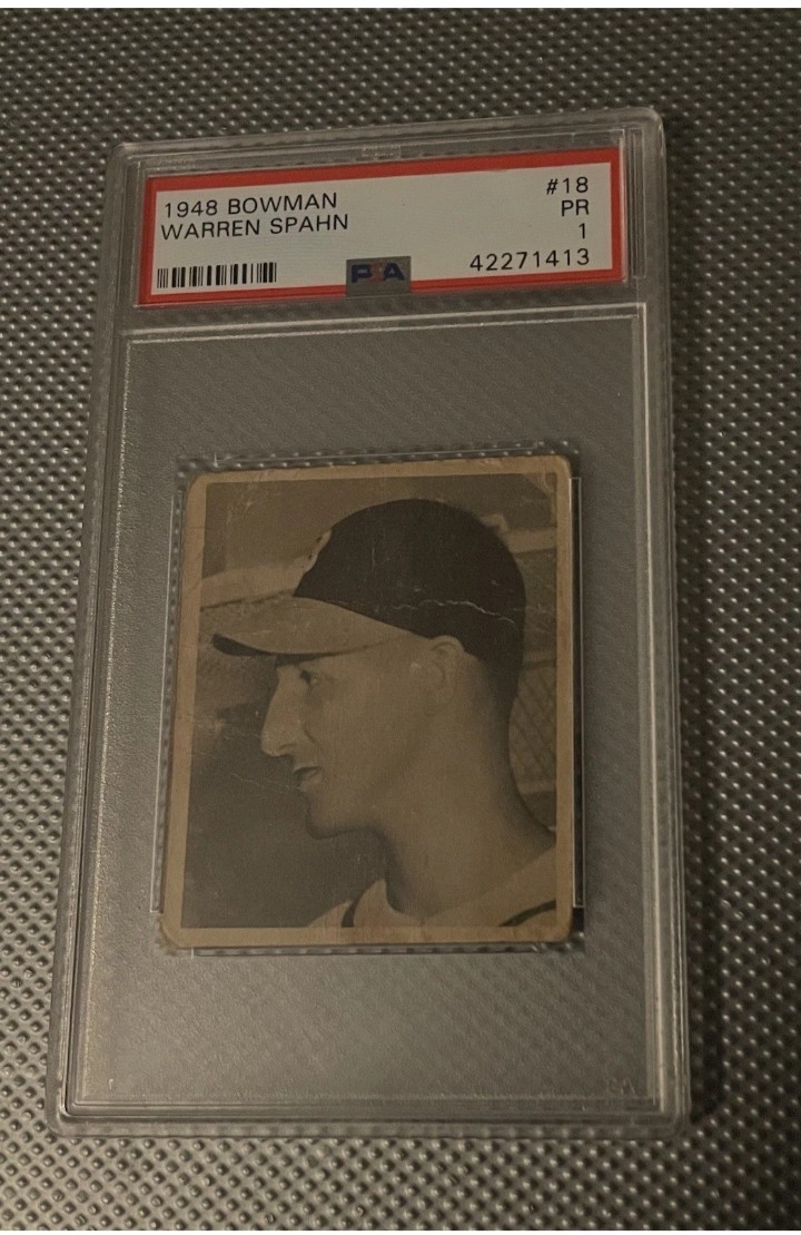 1948 BOWMAN WARREN SPAHN ROOKIE CARD #18 PSA 1 1948 BOWMAN WARREN SPAHN ROOKIE CARD #18 PSA 1