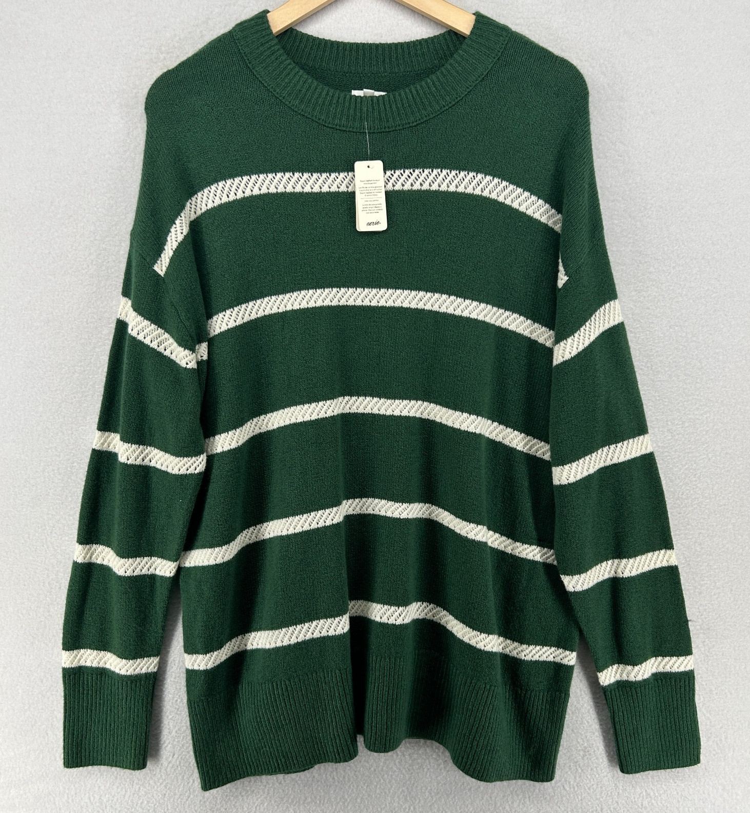 AERIE Sweater Womens S Softest Luxe Crew Oversized Striped Pullover Green NEW