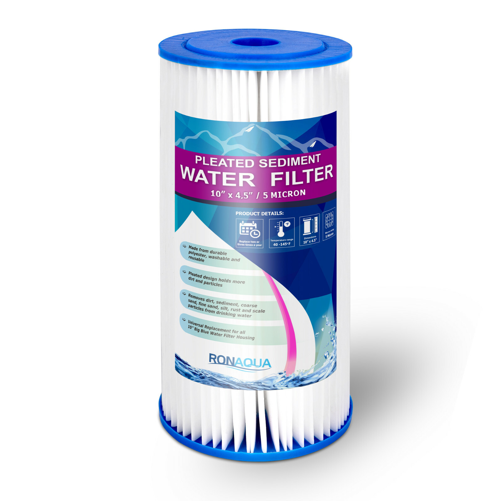 Big Blue Pleated Sediment Water Filter Washable 5 Micron Cartridges 4.5 x 10 Big Blue Pleated Sediment Water Filter Washable 5 Micron Cartridges 4.5 x 10