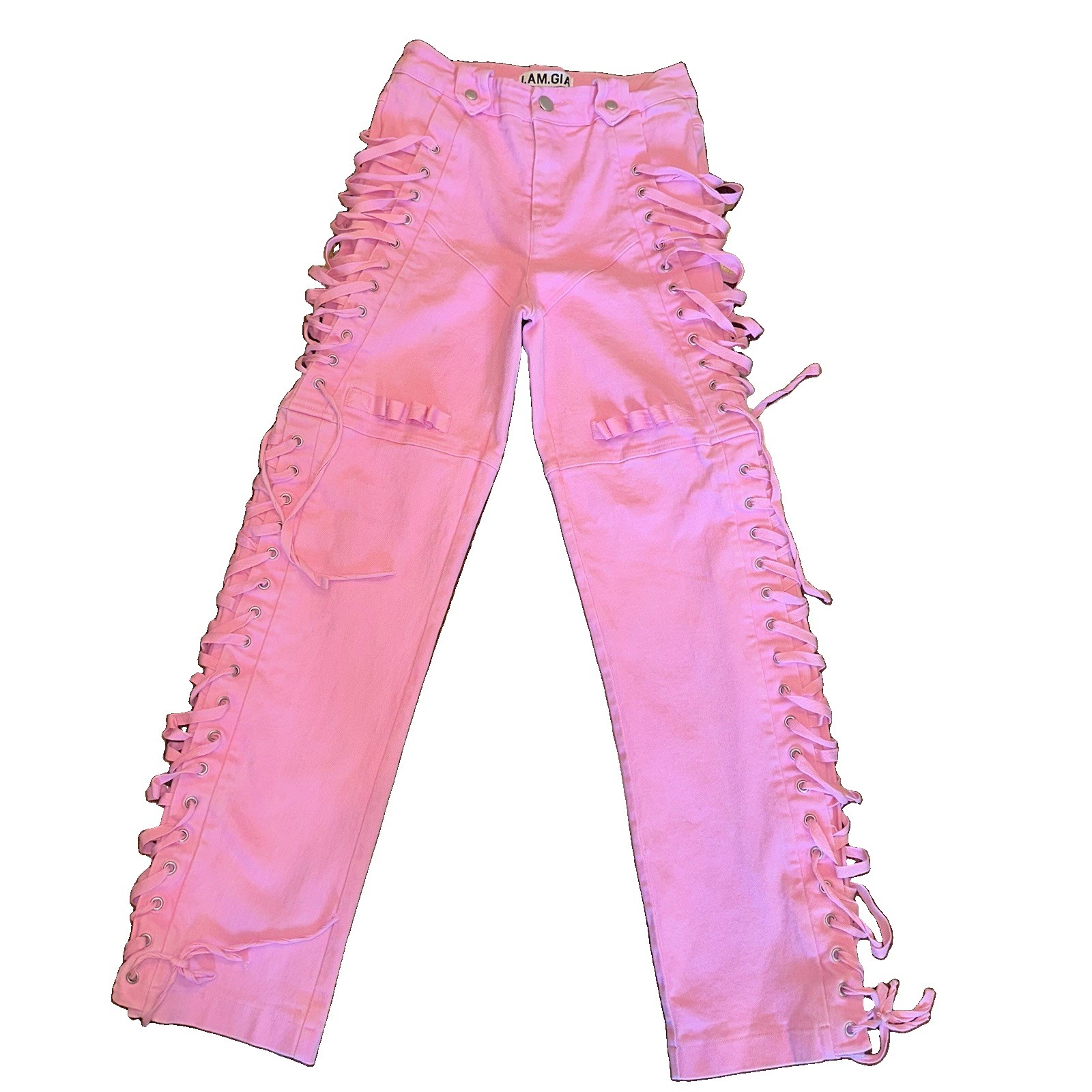 IAMGIA Pink Holly Lace Up Straight Leg Jeans Womens S Barbiecore Fest Grunge