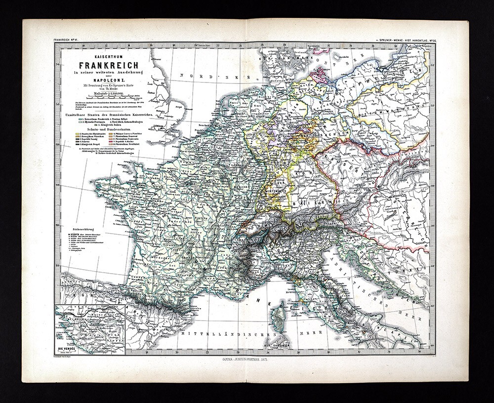 1880 Spruner Map Napoleon Empire France Germany Italy Belgium Holland Switzerlan