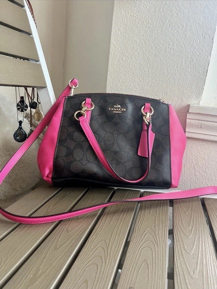 Rare Coach Signature Canvas Brown/Pink Satchel Double Zip Detachable Strap Gold Rare Coach Signature Canvas Brown/Pink Satchel Double Zip Detachable Strap Gold