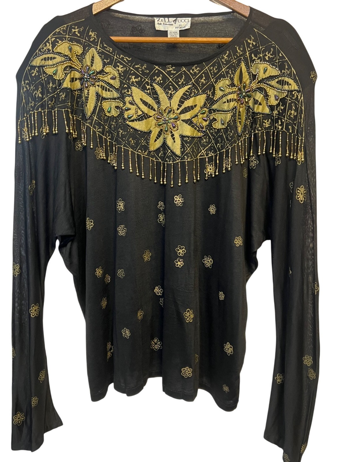 VTG Zell Ucci Bali Collection Top  All Size Black & Gold Floral Beed\'s Party Off