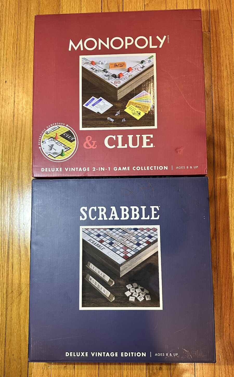 NEW Scrabble Clue And Monopoly Deluxe Vintage Edition Wooden Game Board Sets NEW Scrabble Clue And Monopoly Deluxe Vintage Edition Wooden Game Board Sets